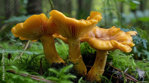 Close-up of wild chanterelle mushrooms freshly harvested from the forest floor, showcasing their golden color and distinctive trumpet-like shape.