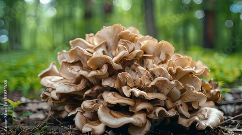 Cluster of maitake mushrooms growing in the wild, also known as hen of the woods, appreciated for their rich flavor and potential health benefits. photo