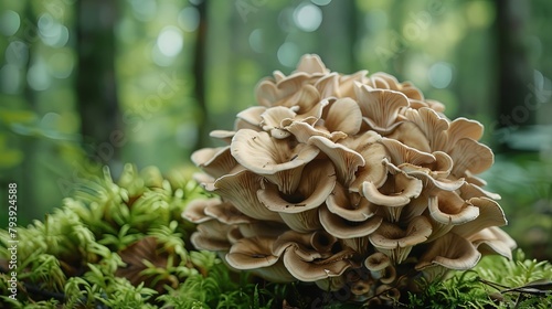 Cluster of maitake mushrooms growing in the wild, also known as hen of the woods, appreciated for their rich flavor and potential health benefits. photo
