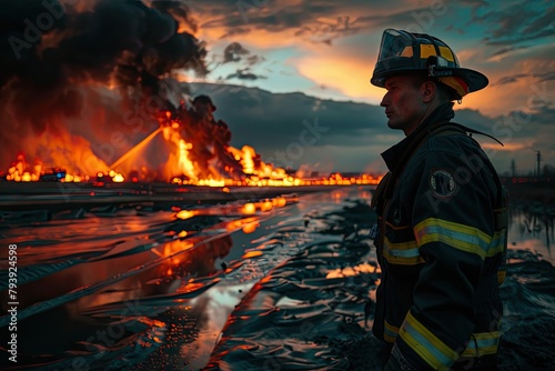 A firefighter stands in front of a burning building. The sky is cloudy and the sun is setting