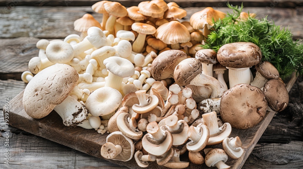 Variety of gourmet mushrooms displayed on a rustic wooden table ...
