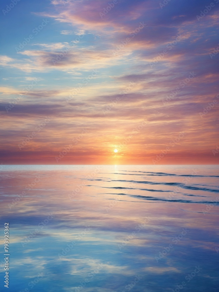 Serene sunset paints sky, sea with mesmerizing blend of colors; sun, radiant orb, hovers just above horizon, casting golden hue that seamlessly transitions into shades of orange, pink, purple.