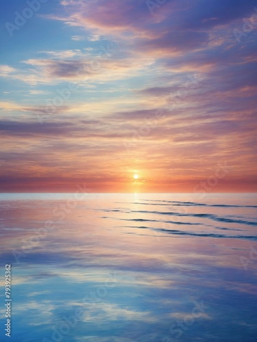Serene sunset paints sky, sea with mesmerizing blend of colors; sun, radiant orb, hovers just above horizon, casting golden hue that seamlessly transitions into shades of orange, pink, purple.