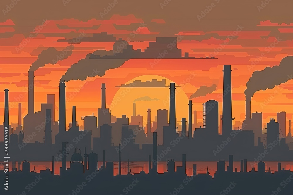 Silhouette of an industrial skyline against an orange sunset, capturing the complex beauty and environmental impact of urban industry.