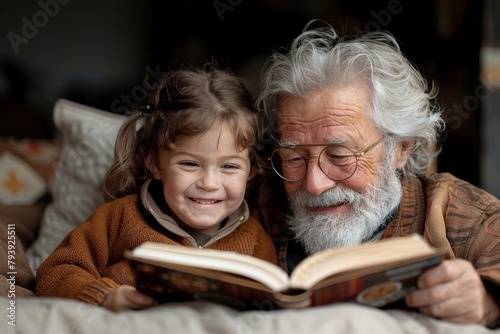 grandfather reads to his gleeful grandchildren, enveloping the scene in a radiant aura of joy and warmth to boy and girl.