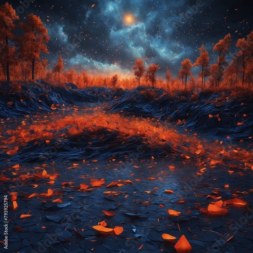 Surreal landscape unfolds under starry night sky, where ground covered in cracked, dark blue, black terrain, resembling waves frozen mid-motion. Orange leaves scattered across surface.