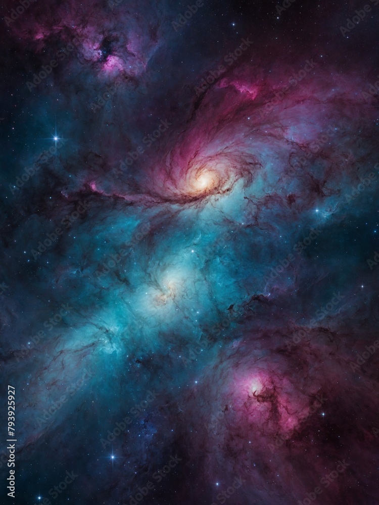 Mesmerizing dance of colors, lights unfolds in vastness of space, where swirling clouds of gas, dust illuminated by radiant glow of stars. Celestial spectacle painted with hues of pink, blue, purple.