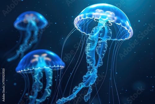 3D rendering of transparent jellyfishes swimming in a dark blue ocean background