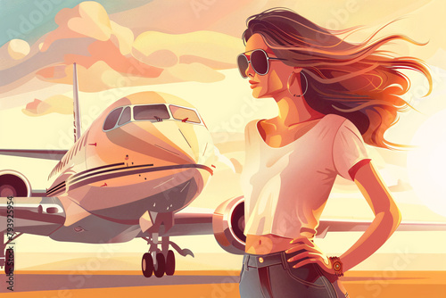 Illustration of a stylish woman in sunglasses with a private jet in the background