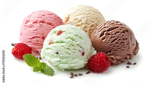 Four ice cream scoops isolated on a white background including vanilla  chocolate  mint and strawberry