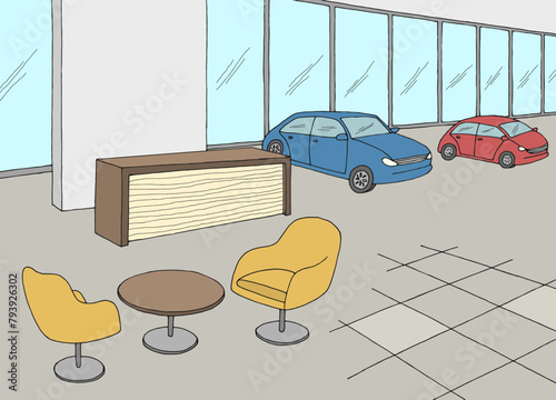 Car showroom graphic color store interior sketch illustration vector 