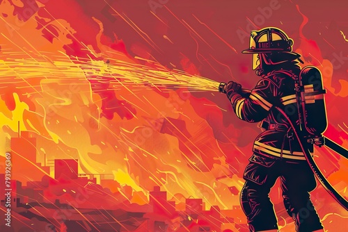  Illustration of a firefighter battling a blaze, capturing the intensity and heroism of fire services in an artistic red-hot background. photo