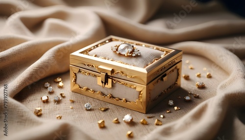 very beautiful stylish and luxurious jewellery box on a linen fabric photo