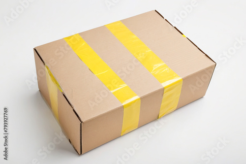 Cardboard Box with Yellow Tape: Versatile Storage and Shipping Solution for Organized and Secure Packaging of Household Items