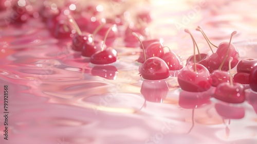 a scene of pure serenity as a cluster of cherries floats gracefully in a pool of blush pink water.