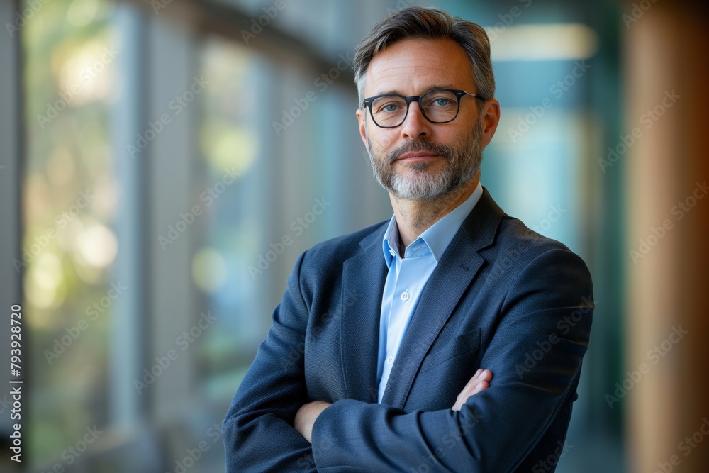 Professional middle-aged man with glasses posing in a modern office setting Professional middle-aged man with glasses posing in a modern office setting