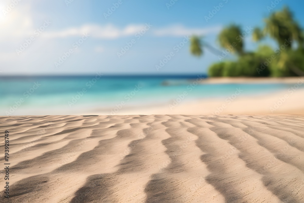 Fototapeta premium Tranquil beach scene with sandy shores, blue sea, palm trees, and clear sky on a sunny day