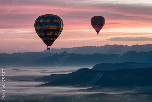 Spectacular dawn/dusk scene with hot air balloons above mist covered valleys and colorful mountain backdrop © Muhammad Ishaq