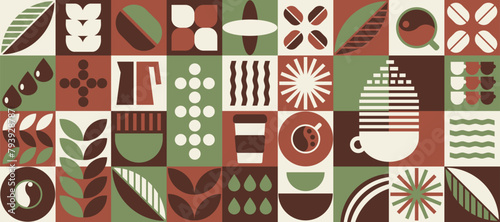Coffee Pattern, Bauhaus geometric shapes in tiles, decorative abstract art with grain, leaves, water, coffee pot, banner