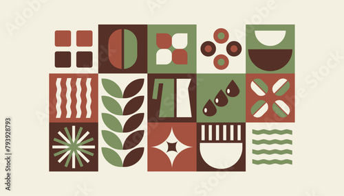 Coffee Pattern, Bauhaus geometric shapes in tiles, decorative abstract art with grain, leaves, water, coffee pot, banner