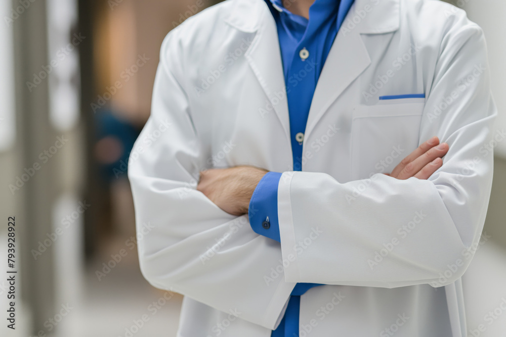 Professional healthcare provider stands confidently with crossed arms, stethoscope visible Professional healthcare provider stands confidently with crossed arms, stethoscope visible