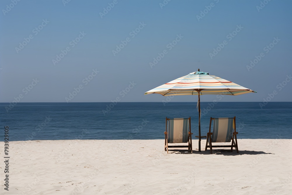 Serene beach with wooden chairs, striped umbrella, calm sea, clear horizon, and sunny sky