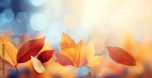 the beauty of autumn with a wallpaper featuring golden yellow and warm orange-brown leaves against a blurred forest backdrop, illuminated by the gentle glow of sunshine and soft glare lights.