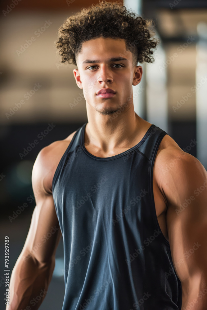 Portrait of a determined young man with curly hair, wearing sportswear in a gym setting