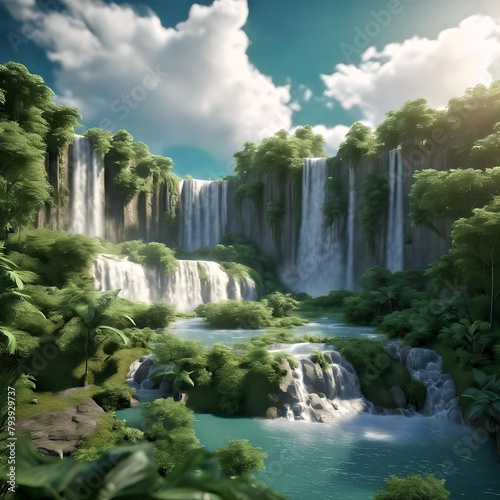 Emerald Beauty  majestic waterfalls surrounded by lush greenery create a stunning view.