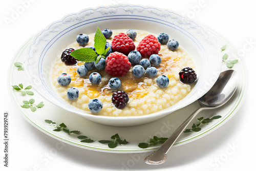 Healthy breakfast porridge with berries on a plate isolate on a white background. Generative AI,