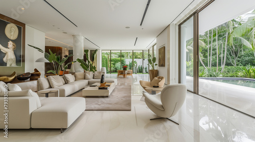 A spacious living room adorned with sleek white marble floors  minimalist furniture featuring light oak wood and brushed metal accents  highlighted by large floor-to-ceiling window