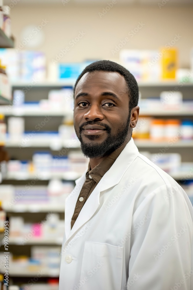 Professional male pharmacist smiling with shelves of medicine in the background
