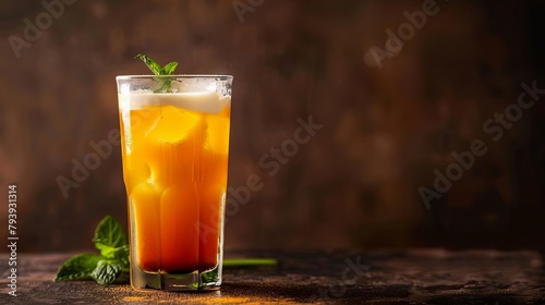A tall glass of vibrant orange Thai iced tea with a layer of condensed milk at the bottom Dark brown background with a side copy space photo