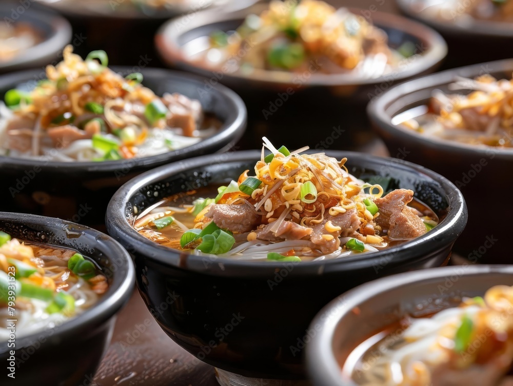 A closeup of several small bowls of boat noodles overflowing with rice noodles, succulent pork, and a rich broth Earthy brown background with a side copy space A closeup of several small bowls of boat noodles overflowing with rice noodles, succulent pork, and a rich broth Earthy brown background with a side copy space