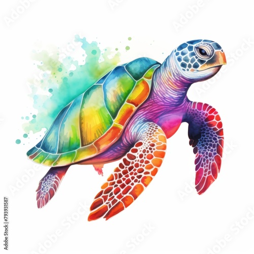 A watercolor painting of a sea turtle with a rainbow shell.
