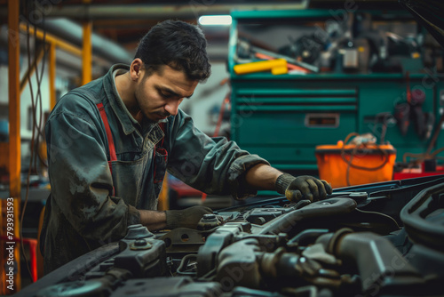 Skilled auto mechanic carefully inspects and repairs a vehicle's engine in a well-equipped garage