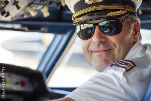Smiling airline captain wearing sunglasses and uniform in the cockpit © Татьяна Евдокимова