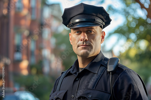 Portrait of a vigilant police officer in uniform on city street duty
