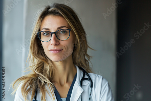 Headshot of a female doctor with glasses, exuding intelligence and professionalism. photo