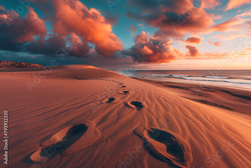 Footprints in the sand leading to a distant horizon