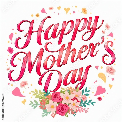 Happy Mother's Day glossy text surrounded by dots, hearts, cute flowers and leaves bouquet, isolated on white background