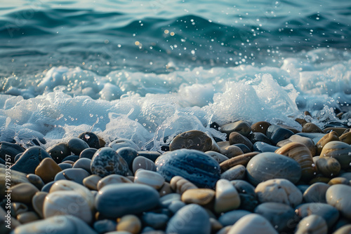 Ocean waves gently washing over smooth pebbles