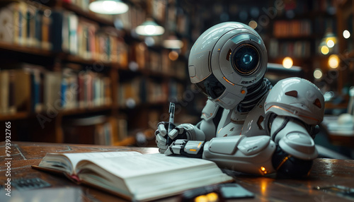 A robot is sitting at a desk with a book in front of it by AI generated image