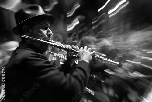 Piccolo Solo: Capture the piccolo player in a dynamic pose, surrounded by blurred musicians, emphasizing the instrument's unique contribution. photo