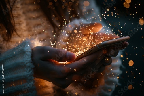 Close up on a pair of hands using a smartphone to navigate a highly responsive social media site  touch interaction  isolate background  space for text