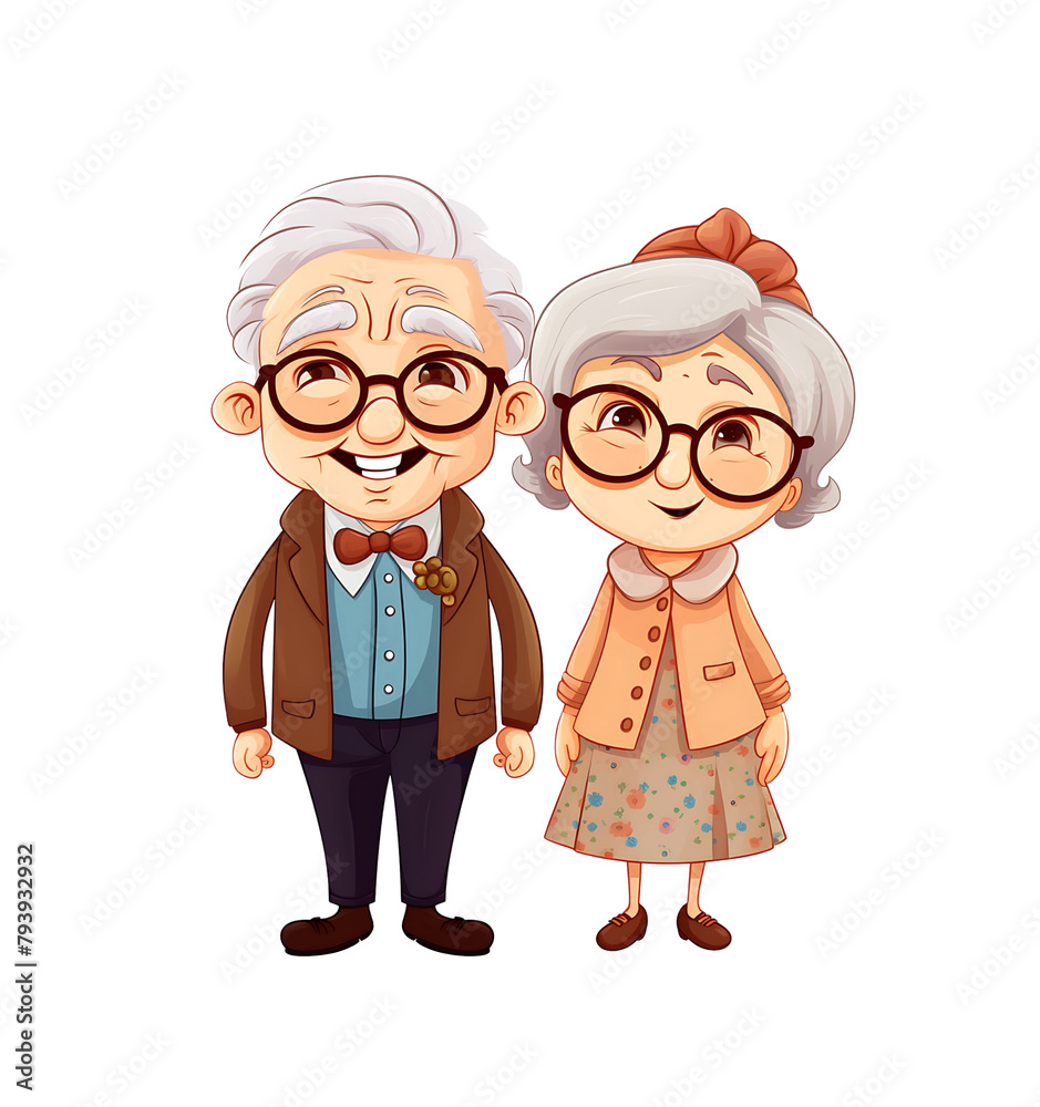 Adorable cartoon of elderly couple, with the grandfather in a waistcoat and the grandmother sporting a headband and scarf. Generative AI Adorable cartoon of elderly couple, with the grandfather in a waistcoat and the grandmother sporting a headband and scarf. Generative AI