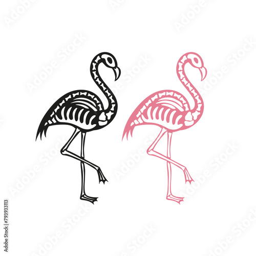 Retro hand drawn black and pink flamingo skeleton vector illustration set isolated on white. Line art drawing style October 31st party trick or treat event Halloween on the beach by seaside concept