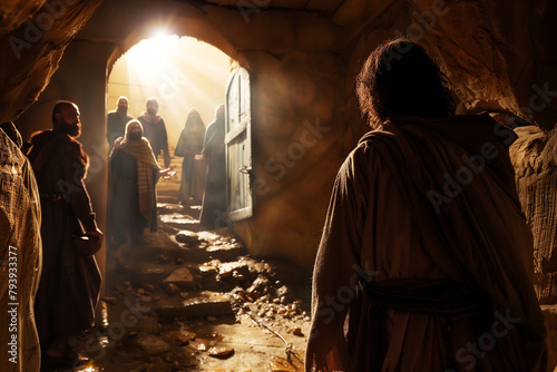 An atmospheric shot of Jesus speaking powerful words as Lazarus steps forth from the tomb's entrance. photo