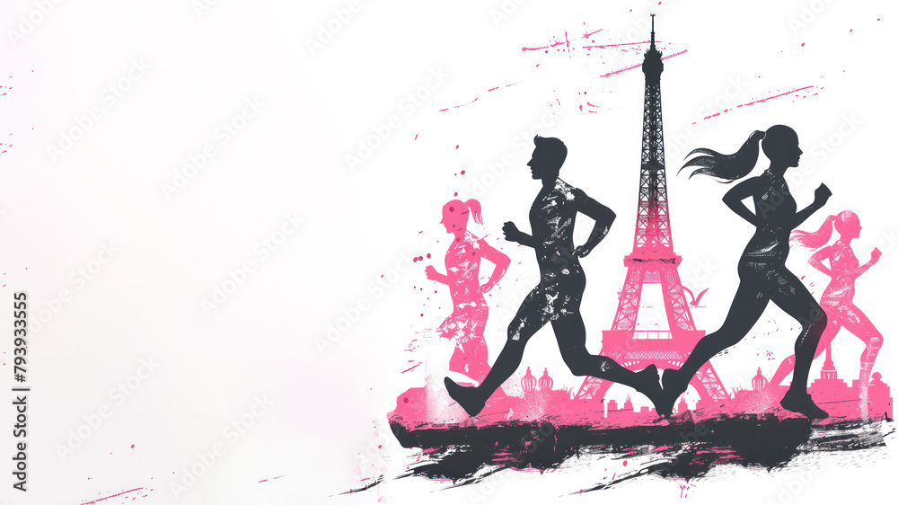 Pink watercolor paint of runners athlete exercise by eiffel tower