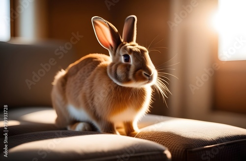 A photo of a brown rabbit indoors. A bright space with a rabbit on the couch, a pet.